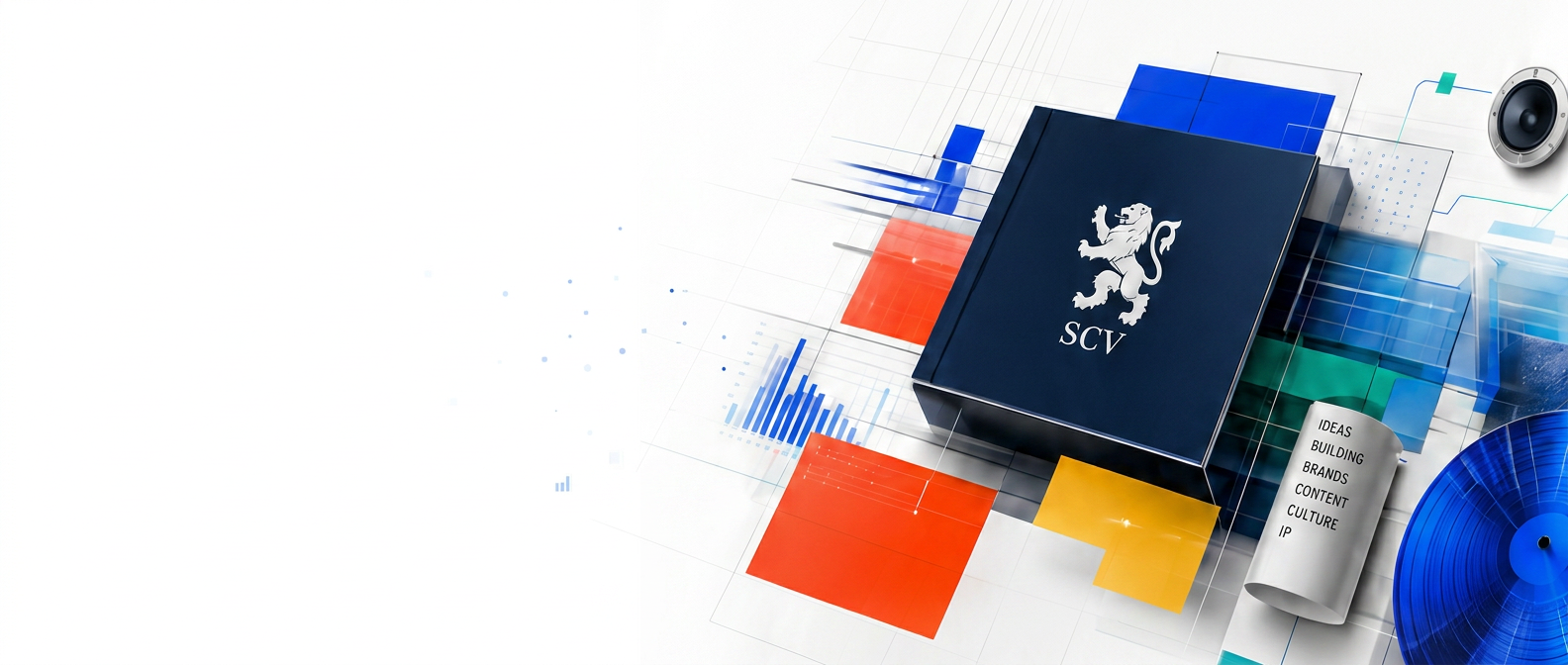 SCV presentation box surrounded by colorful architecture, charts, media, and ideas in motion